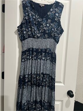 J Glee Sleeveless Navy Floral Maxi Dress with Smocked Waist and Tiered Skirt